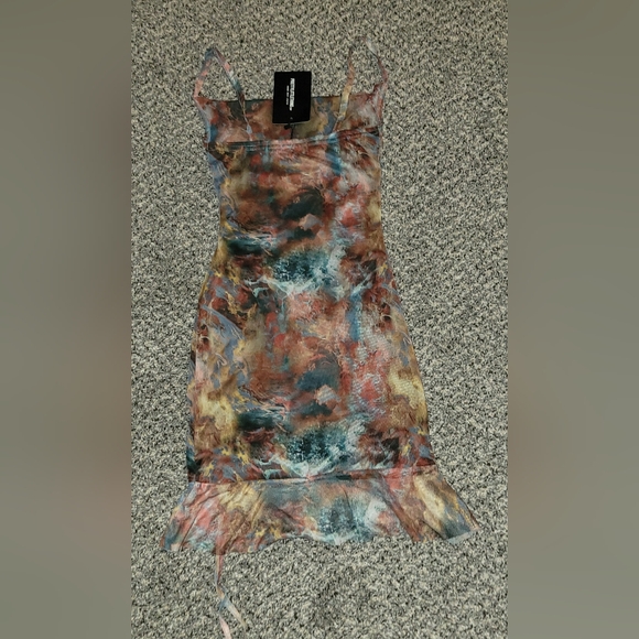 Prettylittlething Multi Tie Dye Print Mesh Ruched Bodycon Mini Dress Size 0 - Picture 2 of 4